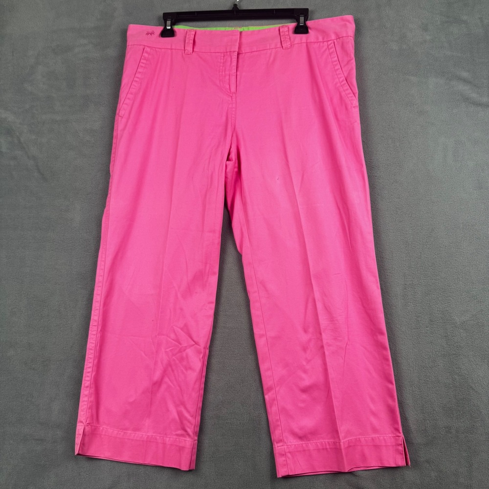 Lilly Pulitzer Pink Cotton Twill Cropped Pants Palm Tree Embroidery Size 12